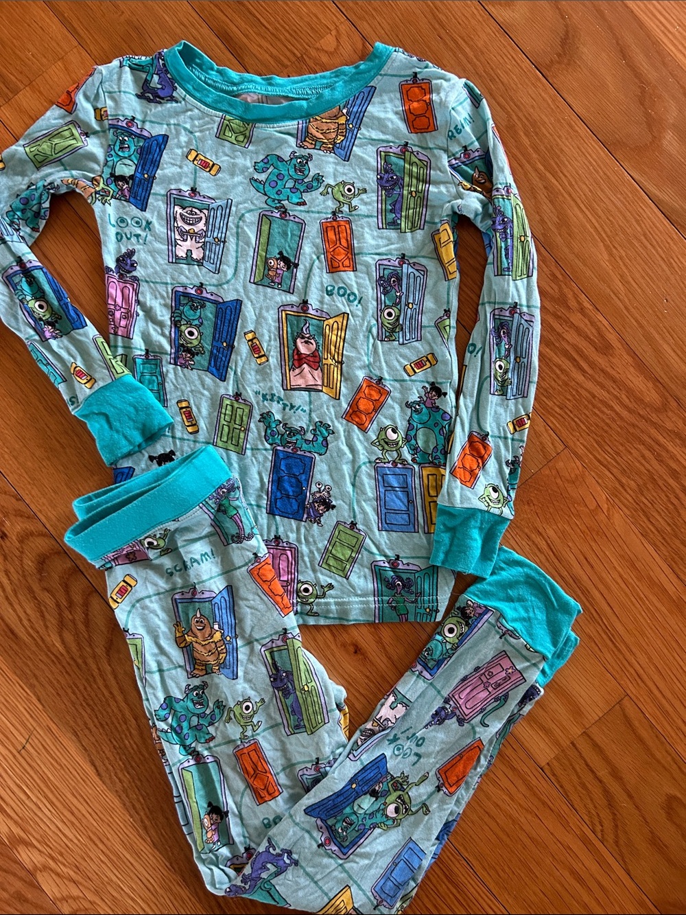 Little Sleepies Light Blue Monster Door Pajama Set with Turquoise Trim
